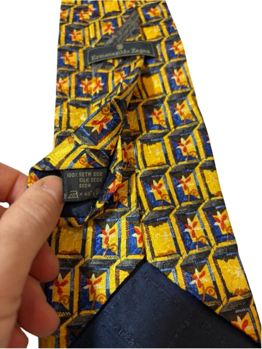Ermenegildo Zegna Silk Tie Gold Blue Geometric Novelty Print Made Italy